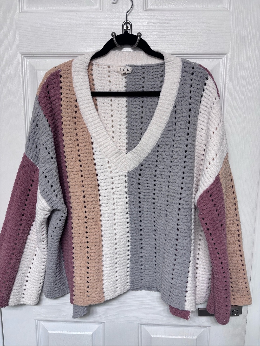 POL V-Neck Striped Open-Knit Sweater in Cream, Gray & Mauve